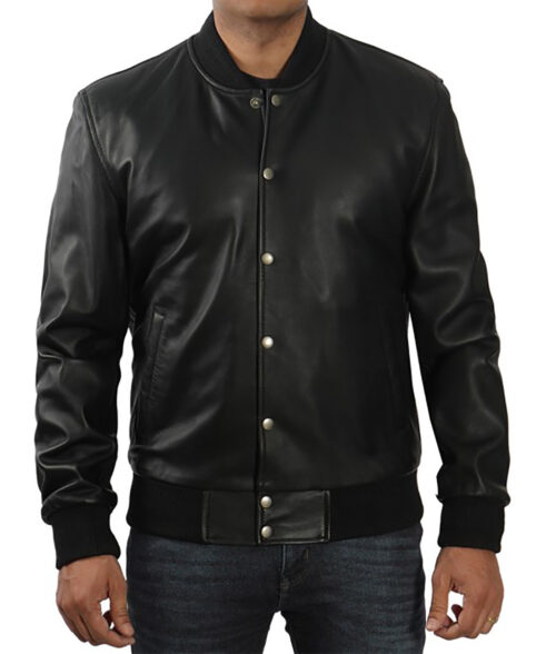 Eren Men s Black Buttoned Leather Bomber Jacket Ali s Leather