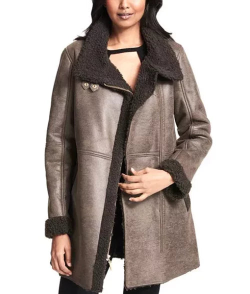 Brown Aviator Shearling Jacket for Women