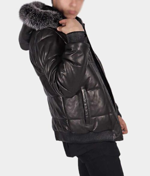 Hooded Black Leather Puffer Coat