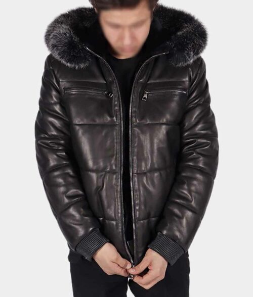 Hooded Black Leather Puffer Coat