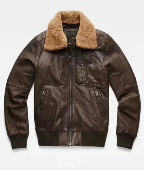 Men's Brown Leather Jacket with Removable Collar