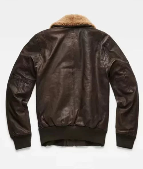 Men's Brown Leather Jacket with Removable Collar