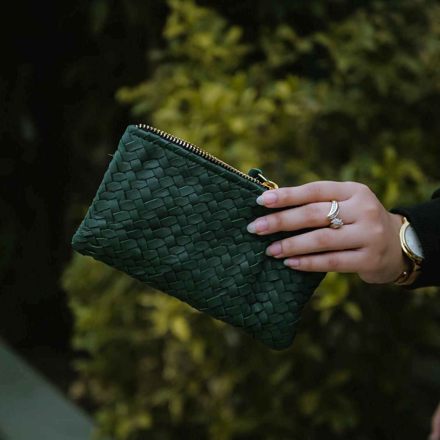 Forest Green Handwoven Leather Zip Pouch