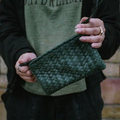 Forest Green Handwoven Leather Zip Pouch